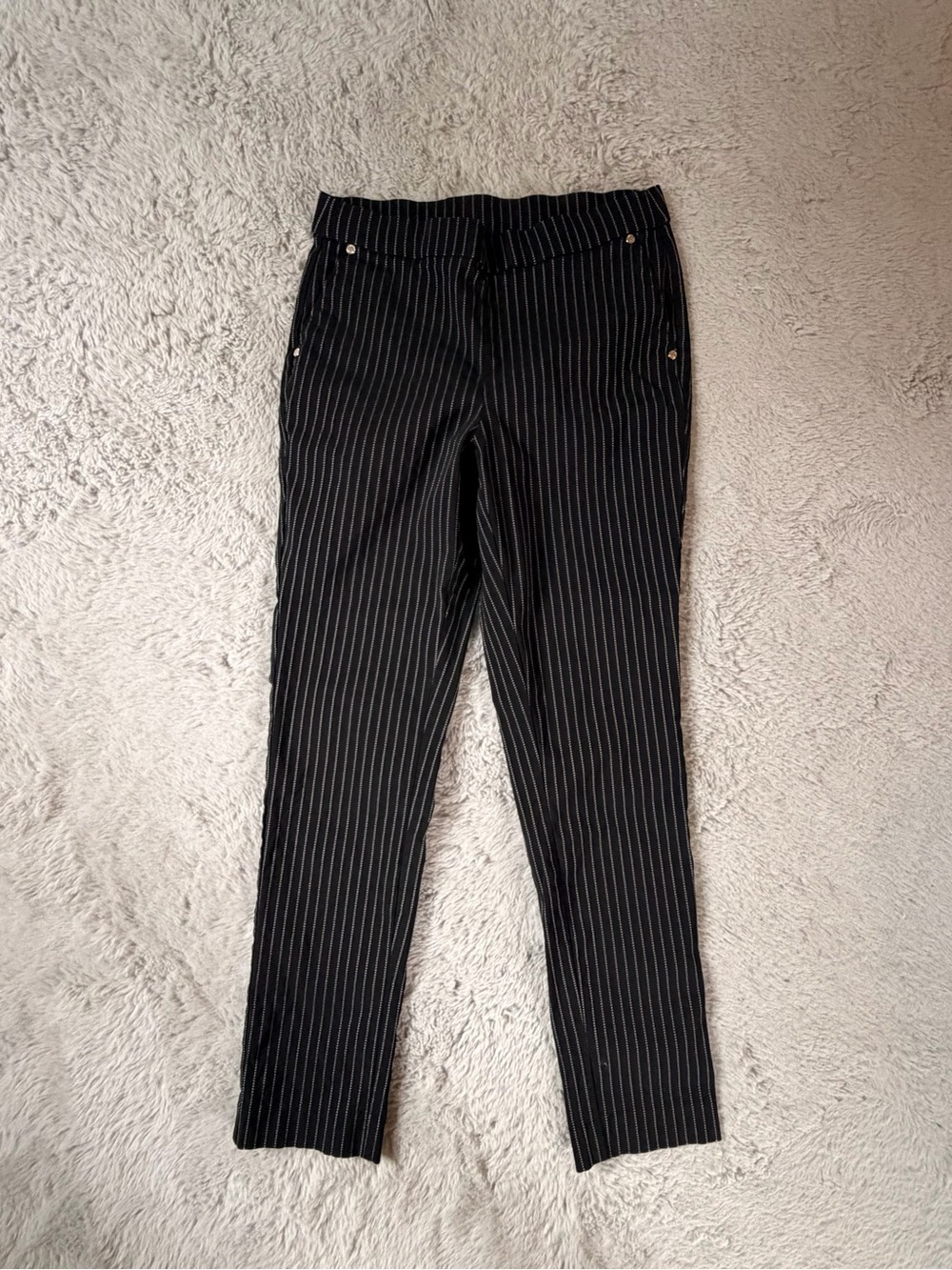 Anne Klein Black Pinstripe Ankle Pants with Metal Accent